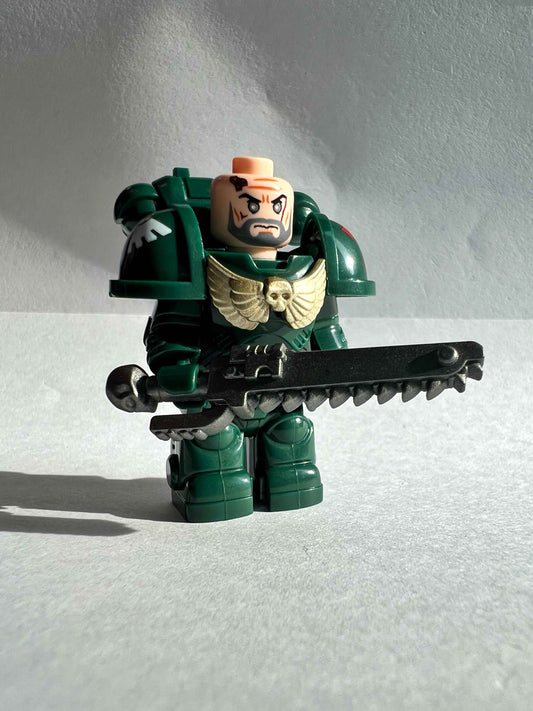 Custom Dark Angels Minifigure with Power Armor, Plasma Rifle, and Chainsword