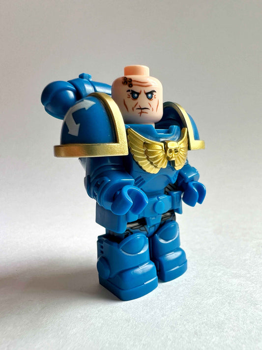 Custom Ultramarines Minifigure with Power Armor, Bolt Pistol & Bolt Rifle