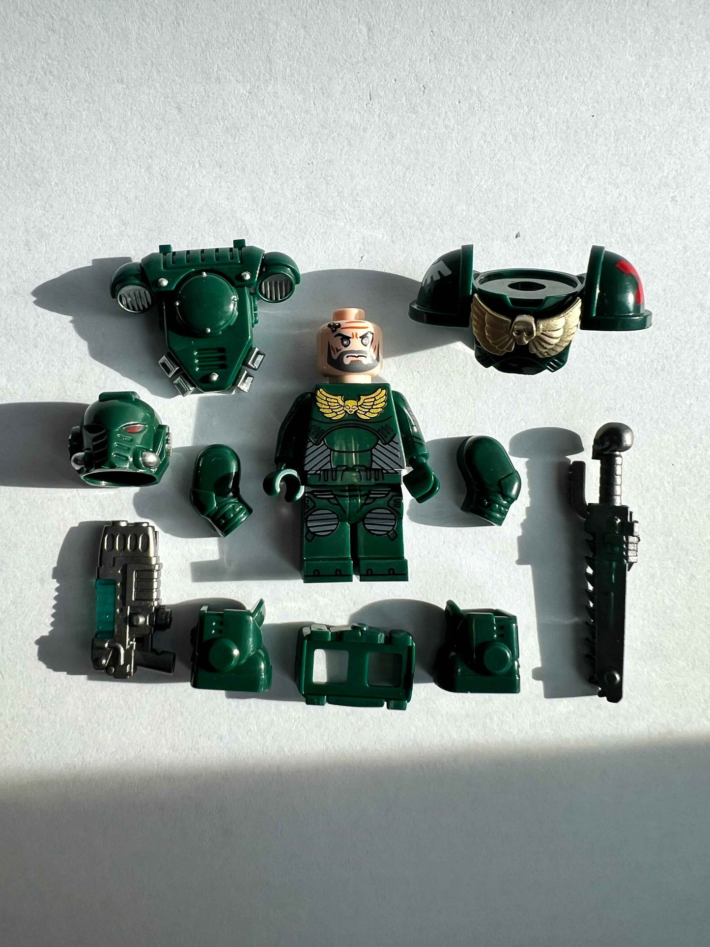 Custom Dark Angels Minifigure with Power Armor, Plasma Rifle, and Chainsword