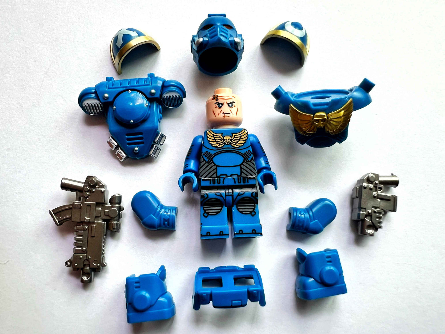 Custom Ultramarines Minifigure with Power Armor, Bolt Pistol & Bolt Rifle