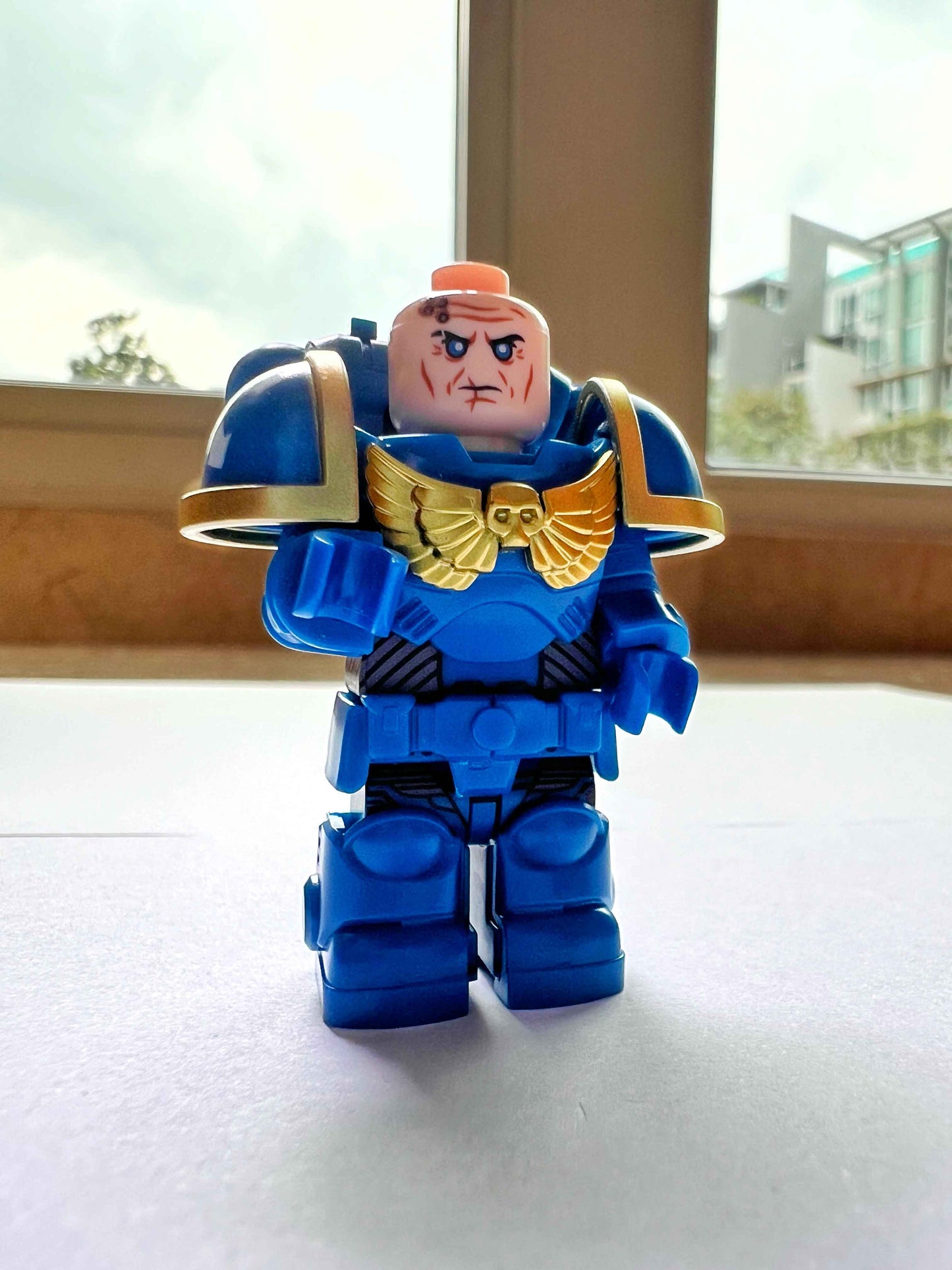 Custom Ultramarines Minifigure with Power Armor, Bolt Pistol & Bolt Rifle