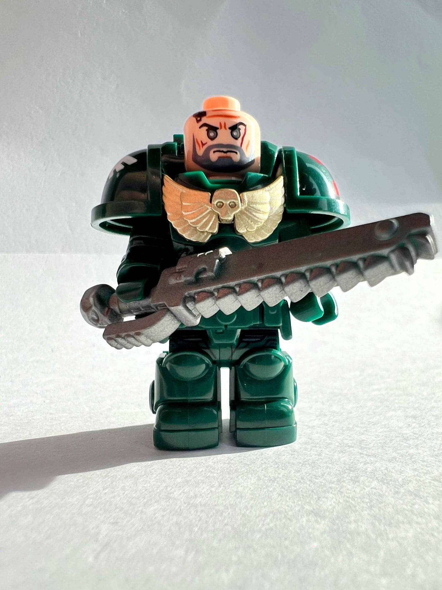 Custom Dark Angels Minifigure with Power Armor, Plasma Rifle, and Chainsword