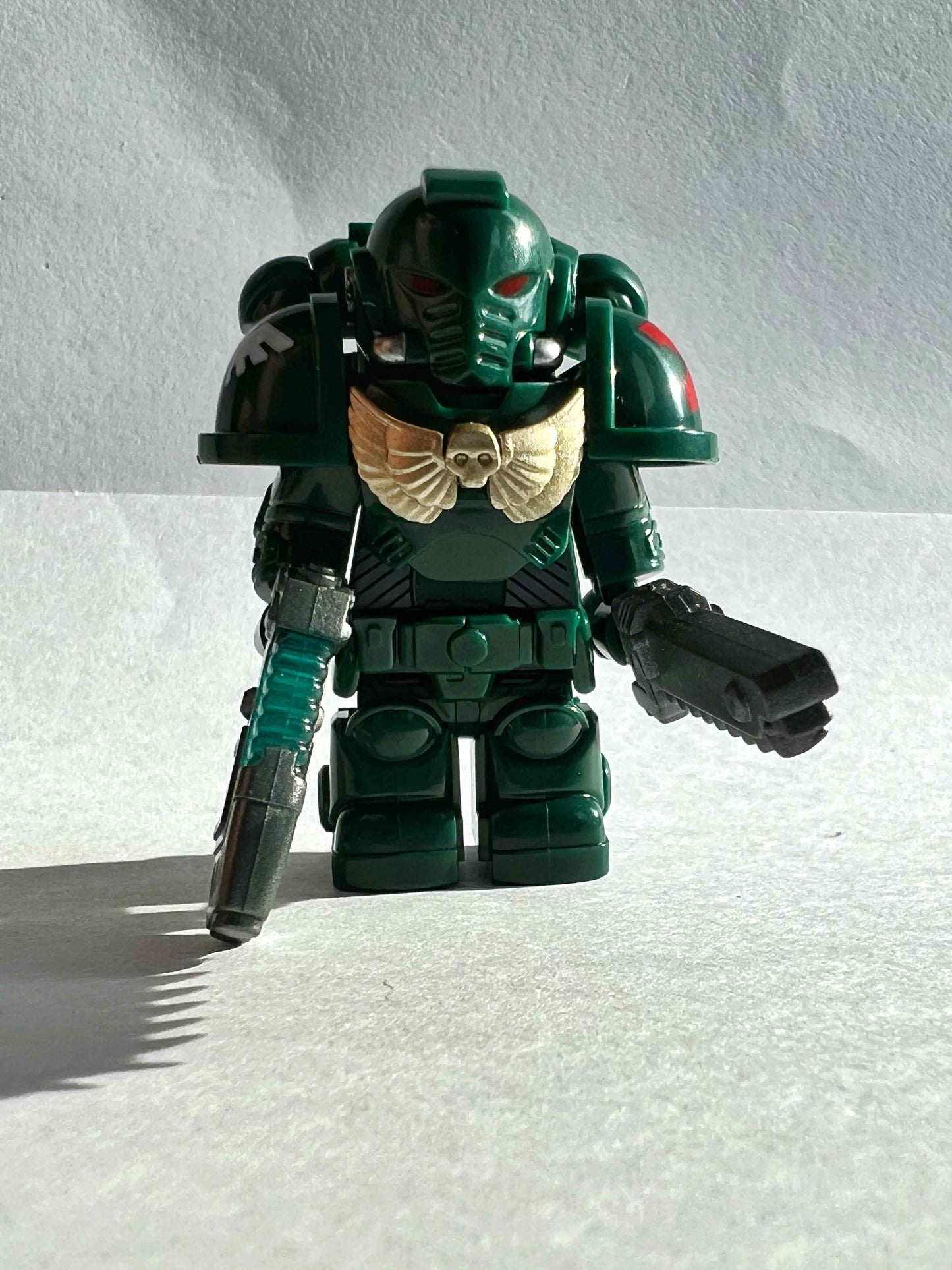 Custom Dark Angels Minifigure with Power Armor, Plasma Rifle, and Chainsword