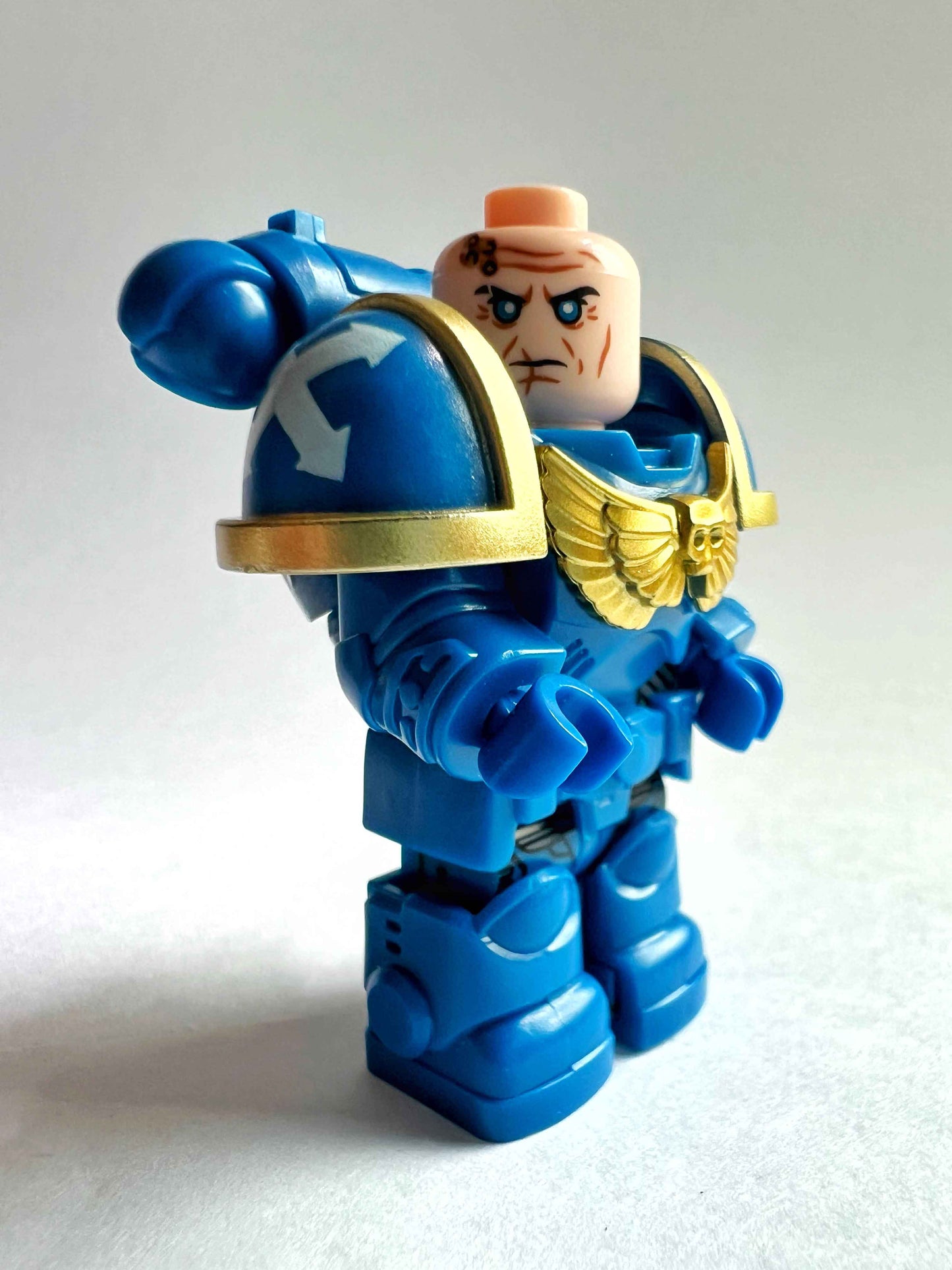 Custom Ultramarines Minifigure with Power Armor, Bolt Pistol & Bolt Rifle